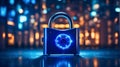 Illuminated blue padlock on bokeh light background Royalty Free Stock Photo